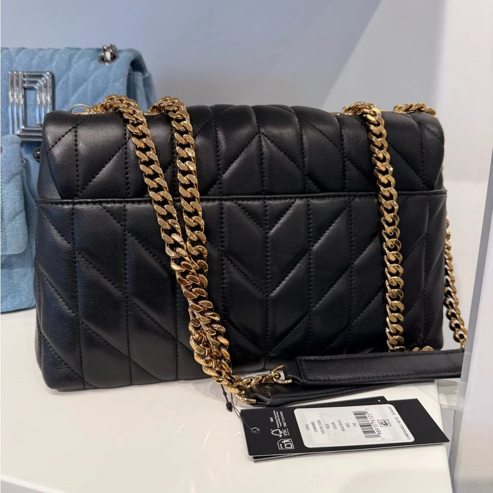 KARL LAGERFELD PARIS Lafayette Quilted Shoulder Bag Black Heart Charm Chain Gold